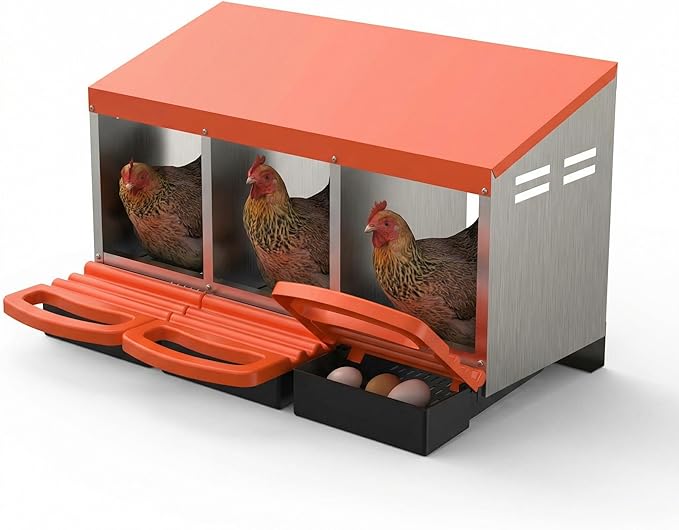 Metal Chicken Nesting Box with Easy-Collect Tray & Lid – 3/4/2x2 Compartment Heavy Duty Roll Away Nesting Boxes for Chickens, Wall Mount or Freestanding, Galvanized Steel Hen Laying Box for Coop