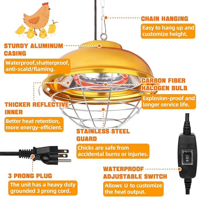 FHTONGE Waterproof Explosionproof Chicken Coop Heater Lamp 150W/300W Adjustable, Aluminum Chick Brooder Heating Light, Hanging Halogen Heated Lamp for Reptile Outdoor Rabbit Dog Cat Whelping Box