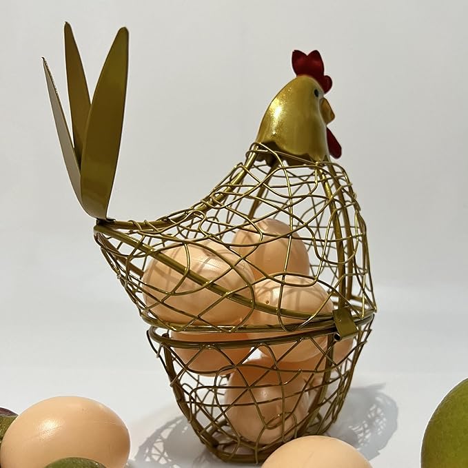 Chicken Wire Egg Basket Egg Holder Farmhouse Rustic Vintage Rooster Decor Chicken Shaped Egg Basket Fruit Storage Wire Basket For Collecting And Countertop Storing Egg (Gold)