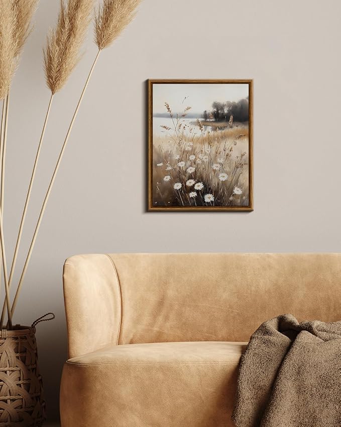 InSimSea Framed Canvas Wall Art for Living Room Fall Landscape Wall Decor Meadow with Flowers Vintage Paintings Classical Wildflower Field Scene Boho Floral Pictures Decor for Bathroom Bedroom 8x10in