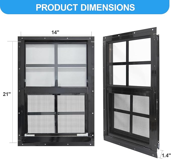 NeatiEase 2 Pack Shed Windows with Black Frame, 14 x 21 Flush Mount Small Window with Tempered Glass and Fiberglass Screen for Shed, Chicken Coop, Playhouse, Household, Garage