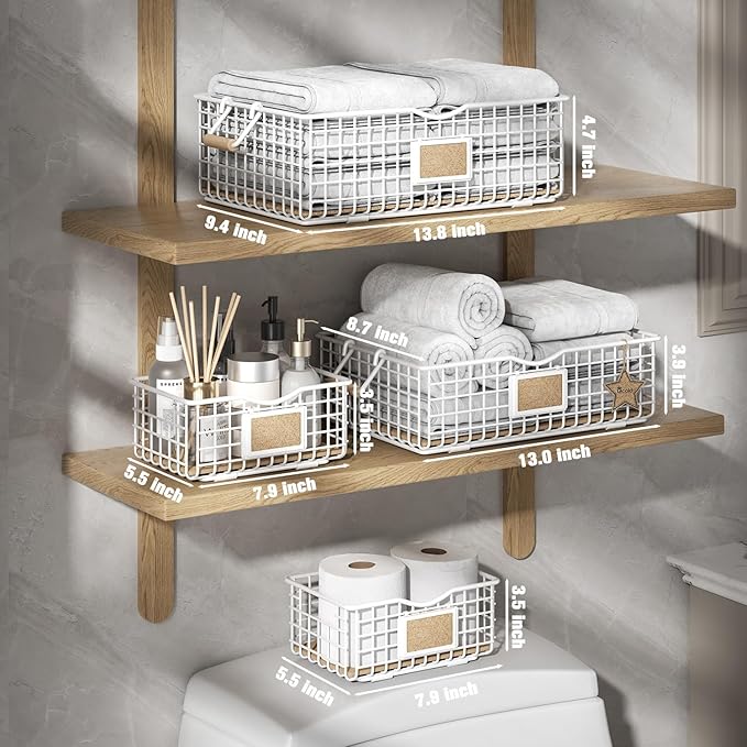 Bathroom Organizers and Storage, 4 Pack Storage Baskets for Shelves, Multipurpose Bins Organizer with Wooden Handles, Decorative Organizer Baskets Set for Bathroom, Laundry, Living Room - White