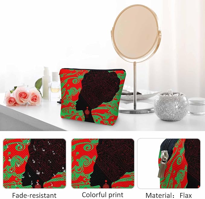 Women Cosmetic Bag African Woman, Sexy African Woman Ethnic Turban Red Cute Makeup Bag For Purse Cosmetic Travel Bag For Toiletries Makeup Storage Bag Flax Skincare Bag Make Up Pouch Bags