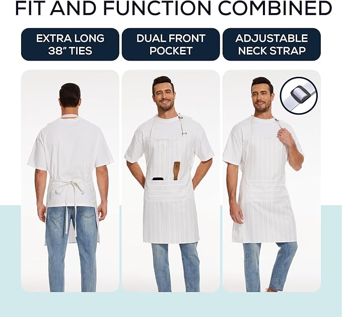 Will Well Kitchen Apron for Men and Women - 33" x 27" Oil-and-Water-Resistant with Adjustable Neck Strap and 38" Waist Ties for a Snug Fit, Lightweight with 2 Front Pockets - 2-Pack, White Stripe