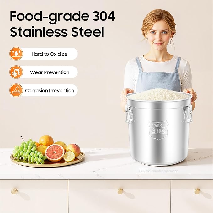 Stainless Steel Airtight Canister, Large Capacity Food Storage Container, 304 Grade Metal Bucket with Silicone Seal Lid, 12.68Gal Flour Rice Cereal Bin for Kitchen Pantry Restaurant, Stackable