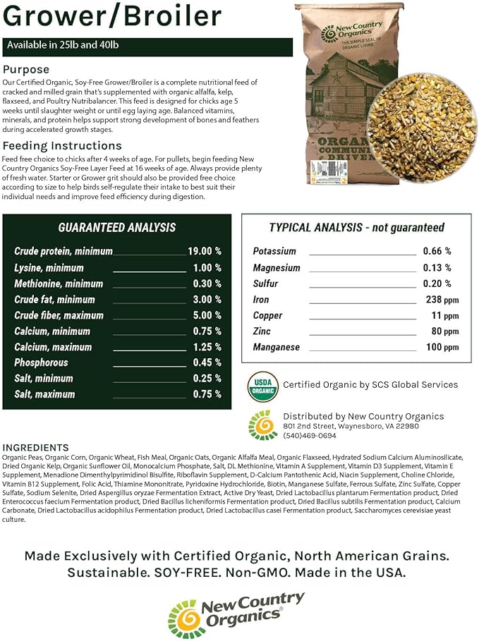 New Country Organics | Organic Grower/Broiler Feed for Growing Chickens | Soy-Free | 19% Protein | Certified Organic and Non-GMO | 25 lbs