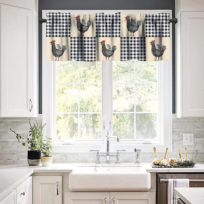 Farmhouse Rooster Kitchen Curtains Rustic Retro Abstract Chicken Black White Buffalo Plaid Rod Pocket Curtain Valance for Kitchen Bedroom Living Room Decor 1 Panel W54xL18 Inch
