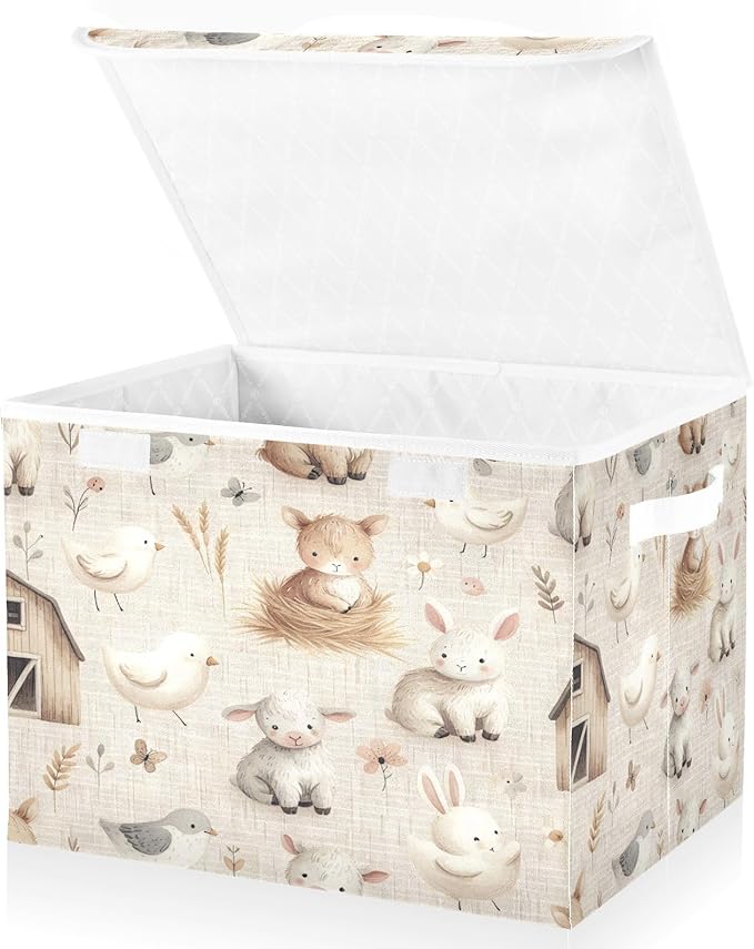 Storage Box Farm Animals Storage Bins with Lids, Larger Collapsible Fabric Storage Baskes with Handles for Living Room, Playroom, Bedroom, Nursery 16.5x12.6x11.8 Inch