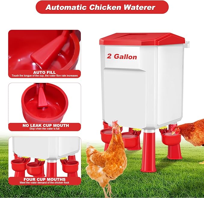 Chicken Feeder and Waterer Set with 2 Gallon/17.6 Pounds, Automatic Chick Feeder and Waterer Set No Waste， Poultry Feeder Large for Hens/Ducks/Poultry