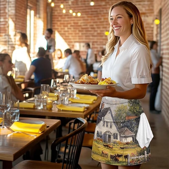 Waistress Apron with Pockets Coffee Waiter Apron Long String Chef Half Aprons for Cooking Kitchen Hairdresser