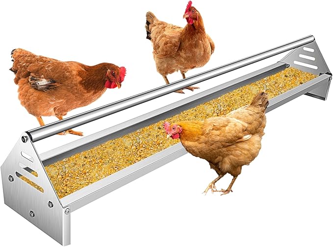 RYFT Chicken Feeding Trough 45", Heavy Duty Galvanized Steel Chicken Feeder with Crossbar, Holds 12 Chickens with Drainage Holes, Large Capacity Poultry Feeder Trough for Duck Geese Turkey Pigeon