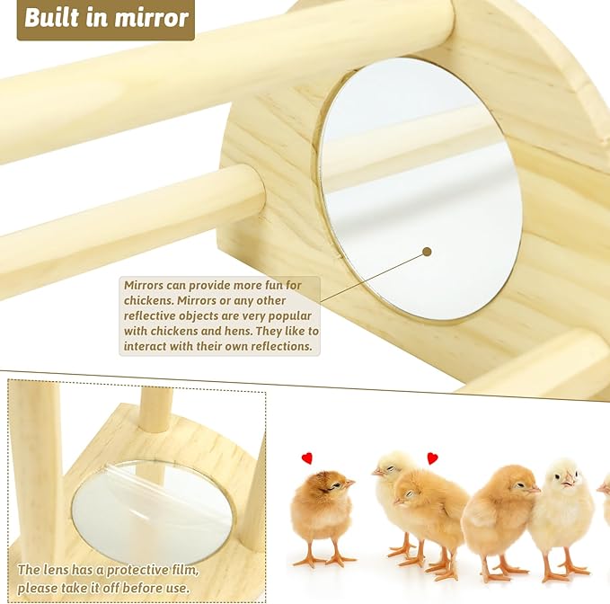 Chicken Perch with Mirror, Strong Pine Wooden Chick Perch Toys for Coop and Brooder for Birds, Baby Chicks, Hens
