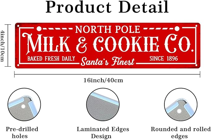 North Pole Milk and Cookie Co Metal Tin Sign Vintage Funny Christmas Sign for Cafe Home Bar Farmhouse Christmas Art Wall Decoration Retro Poster 4x16 Inch