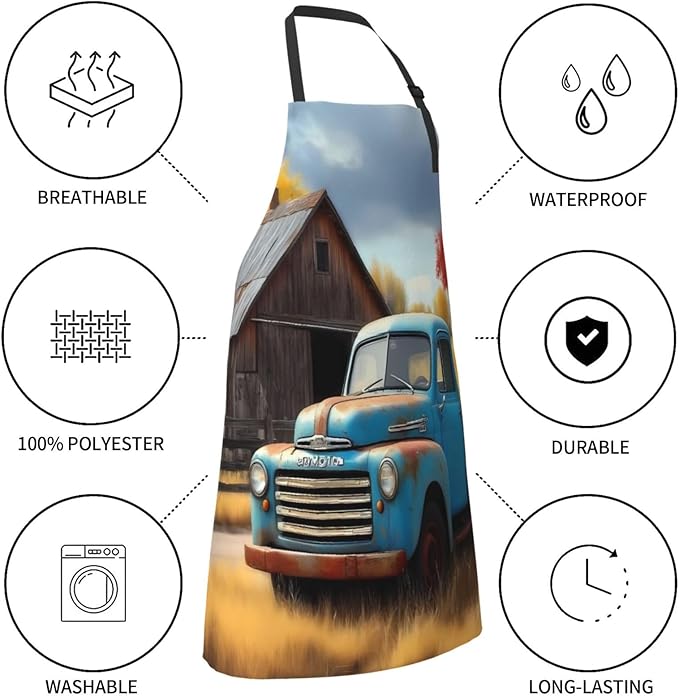 Vintage Truck Farm Scene For Waterproof Adjustable Adult Apron With Pockets For Men And Women Cooking, Painting