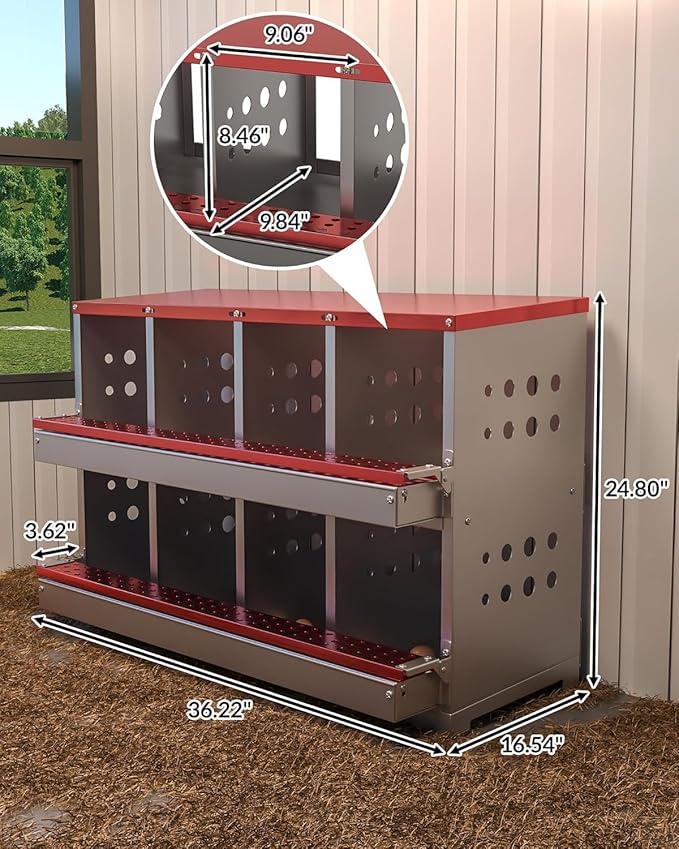 Chicken Nesting Boxes - 8-Hole Metal Chicken Nesting Boxes | Waterproof & Rustproof Laying Boxes for Hens,with Ventilation & Perch, Wall-Mountable Roll Away Egg Laying Box for Hens