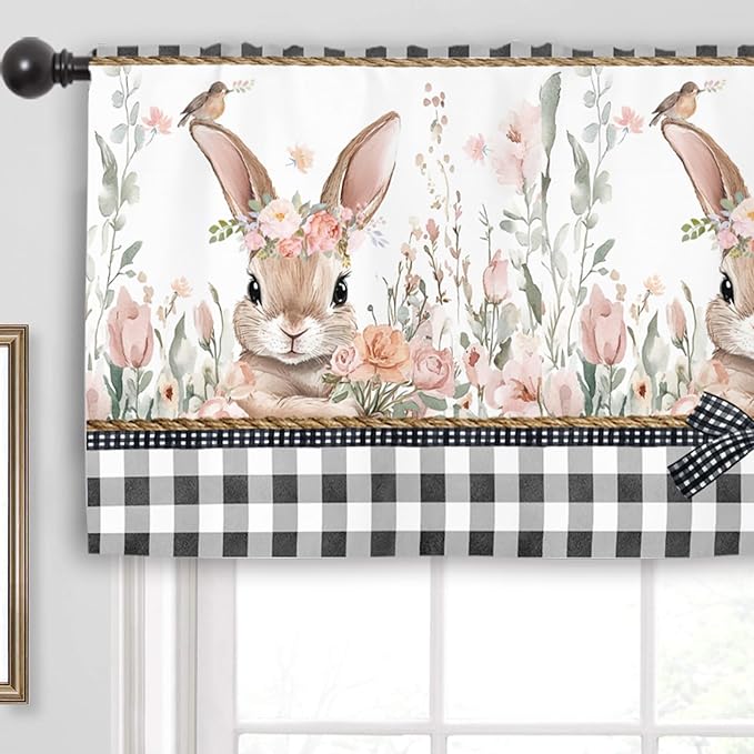 Miyotaa Easter Rabbit Bunny Kitchen Curtain Valance 54W x 18H Rod Pocket Plaid Buffalo Spring Flower Floral Window Treatment for Living Room Bedroom Bathroom