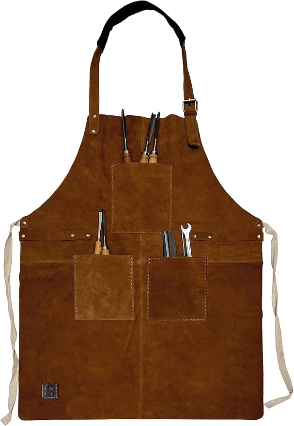 RUSTIC TOWN Leather Grill Work Apron with Tool Pockets ~ Adjustable up to XXL for Men & Women ~ Leather Tool Apron