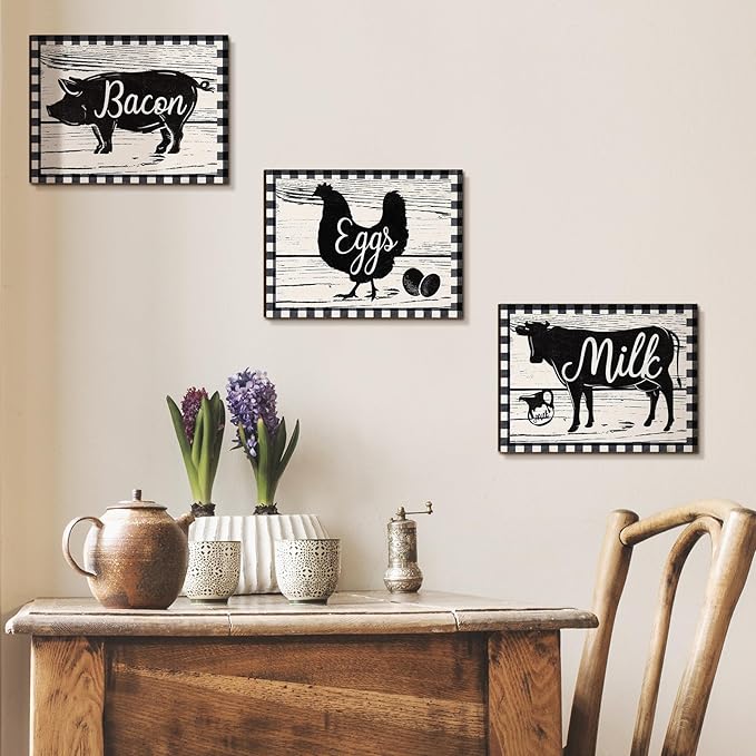 Jetec 3 Pieces Farmhouse Kitchen Decor Wooden Pig Cow Chicken Signs Rustic Buffalo Plaid Wall Art Farm Animal Plaque for Kitchen Home Wall Decorations, 13.8 x 10.3 Inch