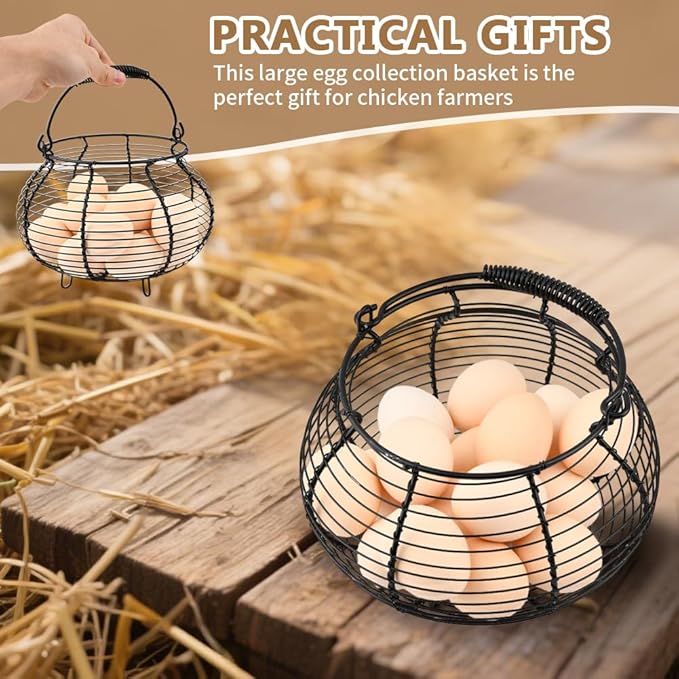 Chicken Wire Egg Basket for Gathering Fresh Eggs,Vintage Chicken Egg Collecting-Basket with Handle,Farmhouse Metal Wire Eggs Holder-Basket for Easter Christmas Kitchen DecorBlack)