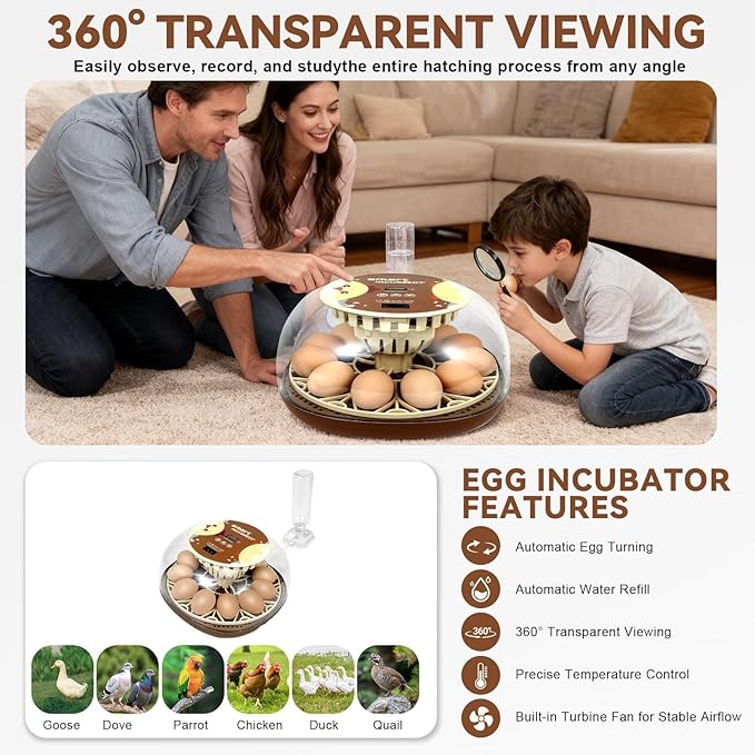 Nest I - 12 Egg Incubator for Beginners, Auto Egg Turning, Consistent Humidity with Auto-Refill Water Bottle & Stable Temp Control for Hatching Chicken, Goose, Duck, Quail, Pigeon, and Turkey