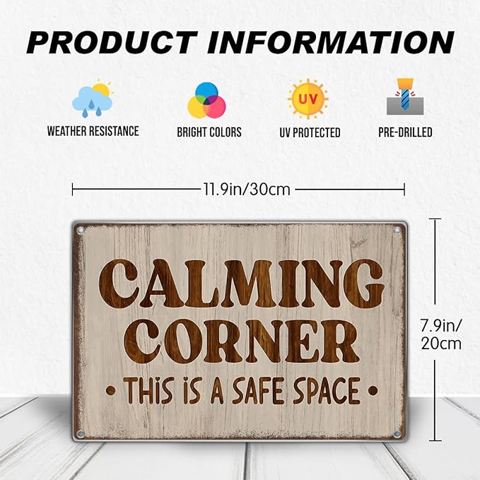 Calming Corner This Is A Safe Space Metal Sign 12 x 8 Inch Wall Art For Classroom Counseling Room Home Decor Metal Kitchen Vintage