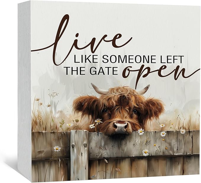 Highland Cow Farmhouse Wooden Box Sign - Farmhouse Western Animal Office Kitchen Bathroom Decor,Farm Live Like Someone Left The Gate Open,Highland Cow Gifts For Women