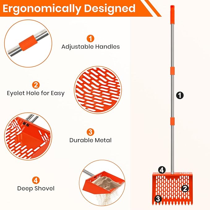 2-in-1 Chicken Poop Scooper & Rake Chicken Coop Scooper for Sand, with Adjustable Long Handle, Sifting Shovel, Chicken Scooper for Poop, Metal, Safety Orange