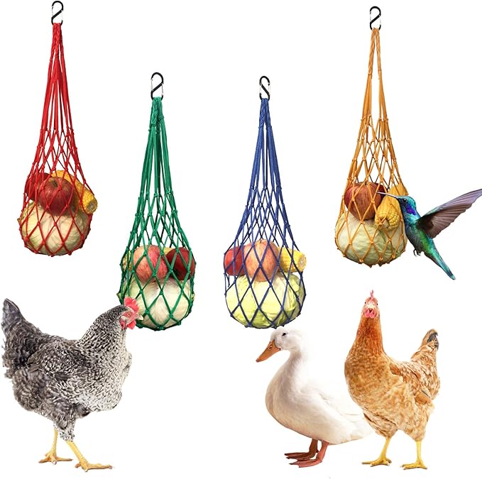 4PCS Chicken Vegetable String Bag, Poultry Fruit Holder Chicken Cabbage Feeder Treat Feeding Tool with Hook for Hens Chicken Coop Toy for Hen Goose Duck Large Birds (Red+Yellow+Green+Blue)