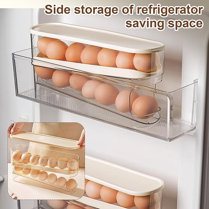 Egg Holder for Fridge, 2025 New Egg Organizer for Refrigerator Automatic Scrolling Eggs Rack Holder Rolling Dispenser, Stackable Fridge Container and Storage with Lid (1 Pcs)