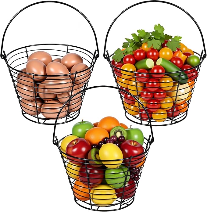3 Pcs 8” Egg Collecting Basket for Gathering Fresh Eggs with Handle, Wire Baskets Metal Storage Basket for Carring and Transporting Chicken and Duck Eggs, Fruit Bin