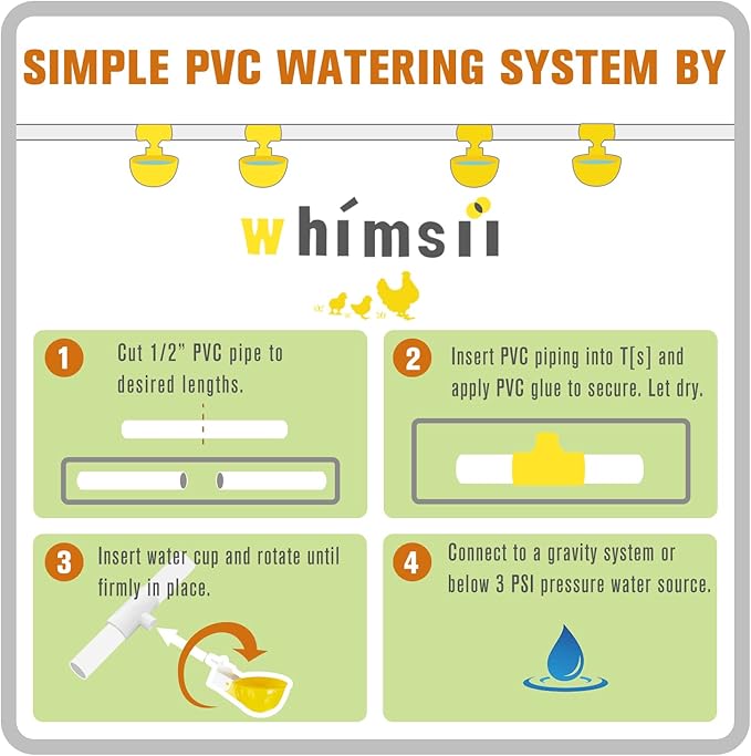 Chicken Water Cups with PVC Tee Fittings for 1/2" Pipe, Automatic Chicken Watering System, Anti-Leak, Holds 50% More Water, Suitable for Chicks, Chicken, Duck, Quail, Birds (Yellow, 8 PVC Cups)
