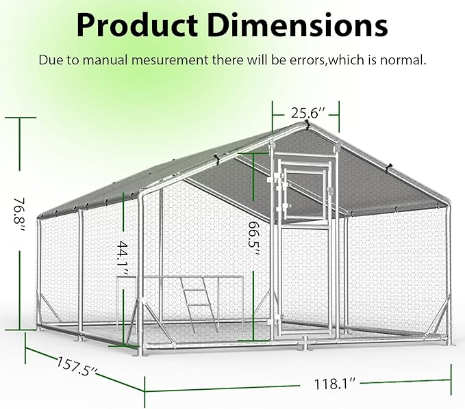 13x10 FT Walk in Chicken Coop with Perch, Functional Split Door Metal Chicken Coop Run with Hardware Cloth & Cover, Heavy Duty Duck Pen with Galvanized Frame, Large Animal Run for Chicken, Duck, Goat