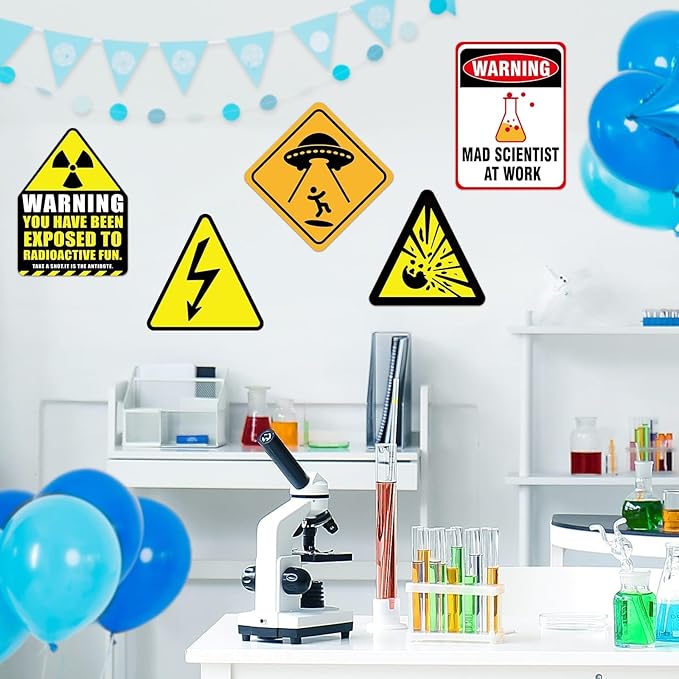 WERNNSAI Science Party Decorations - 9PCS Science Birthday Party Decorations for Boys Girls Chemistry Theme Birthday Party Mad Scientist Sign for Science Classroom Funny Laboratory Sign Decor on Door