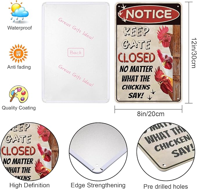 Funny Chicken Coop Signs, Keep Gate Closed, Chicken Coop Decor for Farm, Home, Garden, or Farmhouse Kitchen, Outdoor Chicken Warning Sign(8" x 12")