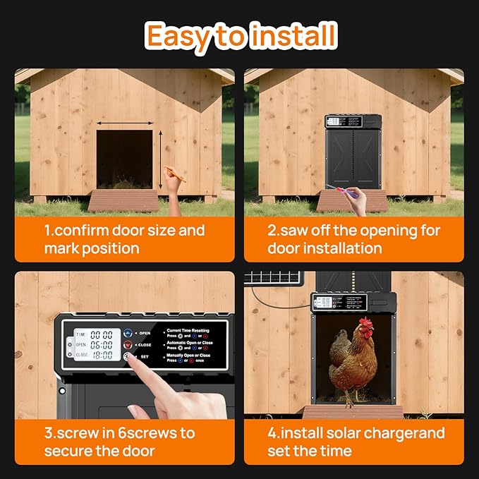Solar Powered Chicken Coop Door with Remote & LCD Timer – Battery-Free Auto Open/Close, Weatherproof Aluminum Hen House Door, Easy Install, Predator-Proof Motorized Coop Door
