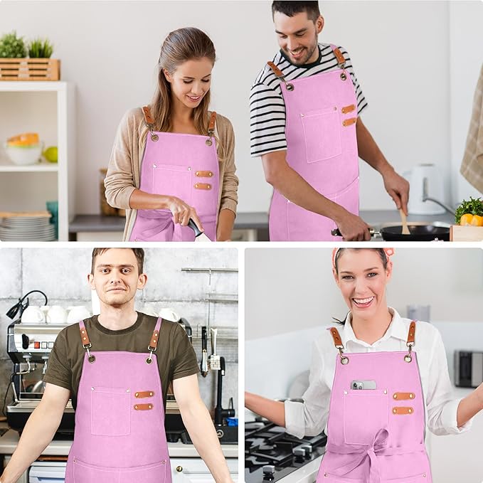 Chef Apron for Men Women Canvas Aprons with 3 Pockets Cross Back Resistant Work Apron for Cooking