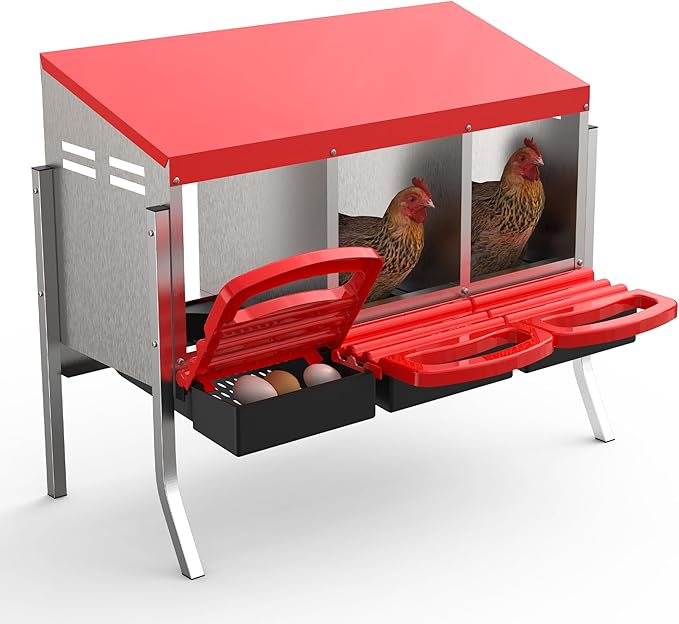 Chicken Nesting Boxes, 3 Hole Metal Rollaway Nest Box for Laying Hens with Cleanable Pull-Out Trays Wall Mount or Placed Design for Easy Egg Collection & Cleaning(Includes Legs)