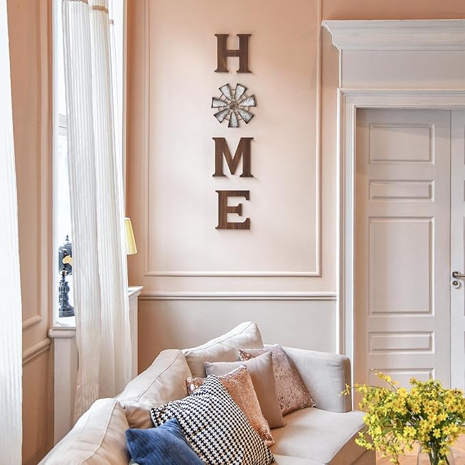 Mkono Farmhouse Wall Decor Wooden Home Sign with Metal Windmill for O Rustic Hanging Letters Decorative Art Signs Living Room Kitchen Bedroom Entryway House, Brown