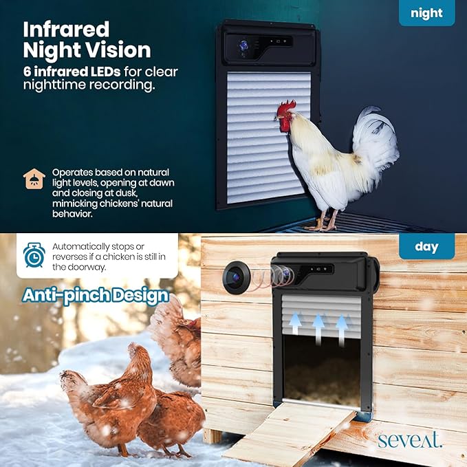 Automatic Chicken Coop Door with HD Camera, Solar Powered 5000mAh Battery - Door Opener with Remote, Timer & Anti-Pinch Sensor, App-Based Monitoring (Black)