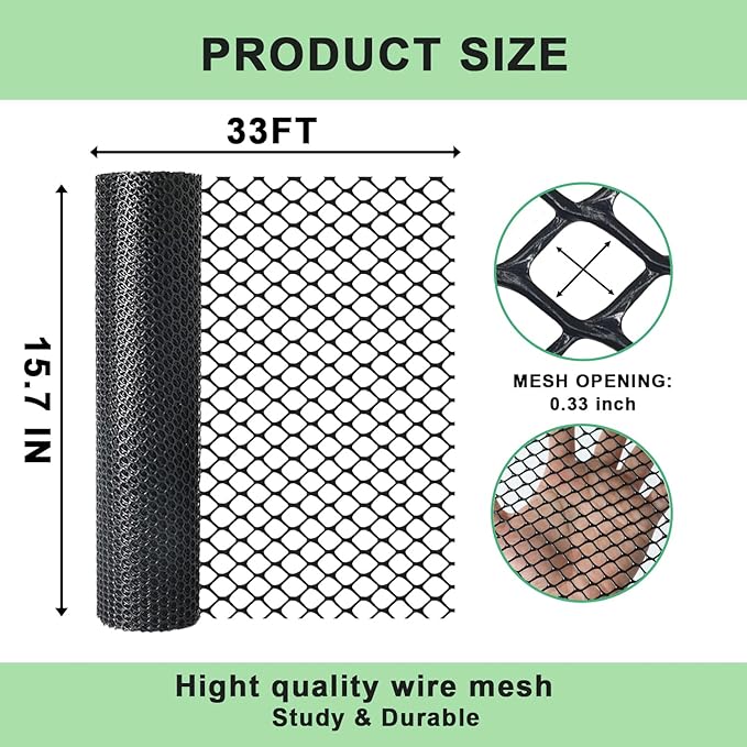 vensovo Black Plastic Wire Mesh 16IN x 33FT Roll - Chicken Wire Fencing for Poultry, Gardening Barrier, Balcony Guard for Cats and Dogs, Floral Craft Mesh with 60 Zip Ties