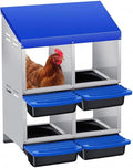 Chicken Nesting Boxes with Rollout Egg Collection – 4-Compartment Metal Hen Nest Box with Removable Trays, Slanted Roof & Ventilation, Wall Mount or Standing for Backyard Poultry Coop, Blue