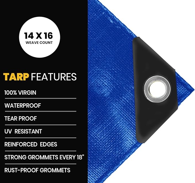 PROTARP Extra Heavy Duty 16 Mil Tarp Cover, Waterproof, UV Resistant, Rip and Tear Proof, Poly Tarpaulin with Reinforced Edges for Roof, Camping, Patio, Pool, Boat. (Blue 30′ X 30′)