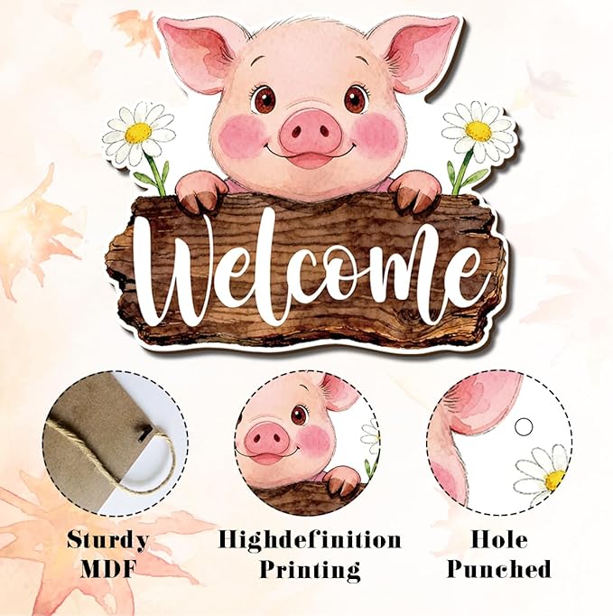 Farmhouse Wall Decor, Cute Pig Welcome Sign with Daisies, Rustic Wood Hanging Plaque, Watercolor Farm Animal Wall Art Painting Style, Country Kitchen or Porch Door Sign, 11.8x9.6 Inches