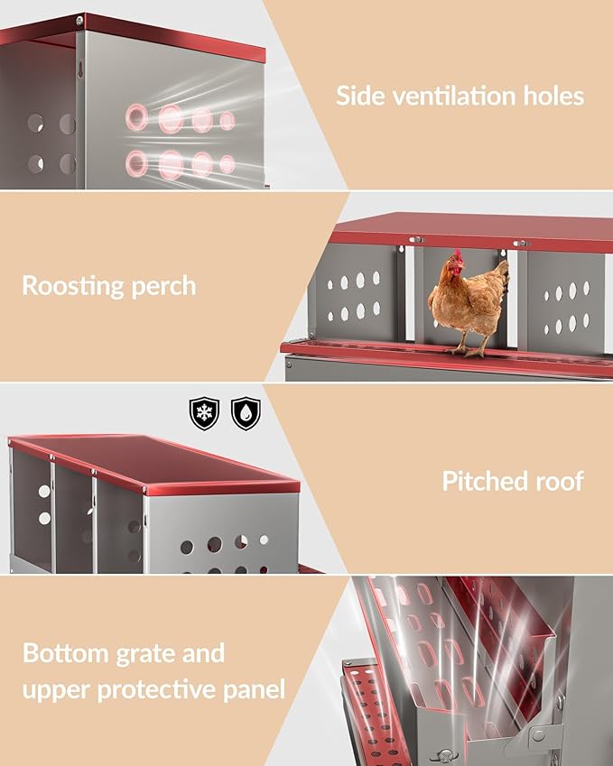 8-Hole Galvanized Metal Chicken Nesting Box with Egg Collection Tray/Fake Training Eggs, Rustproof Poultry Laying Box with Perch Rod,for Chicken Coops and Hens