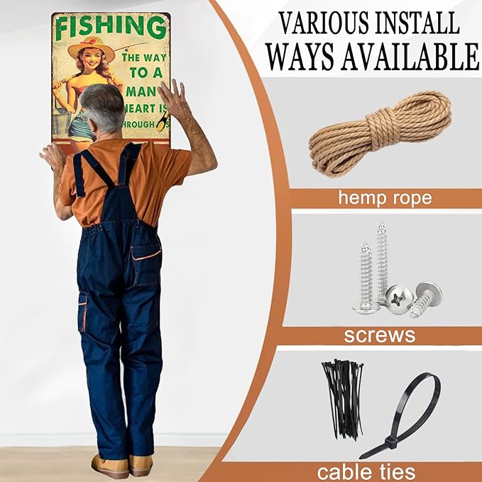 Pin Up Girl Fishing Metal Tin Sign The Way to A Man's Heart Through His Fly Vintage Sign for Wall Art Decor for Home Angler Wall Decor Cafes Lake House Seascape Decor 12X16Inch
