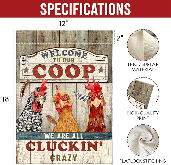 Chicken Garden Flag – Welcome to Our Coop Funny Chicken Flag, Rustic Farmhouse Chicken Coop Yard Decor, Funny Chicken Lover Gift for Farmer Women Men