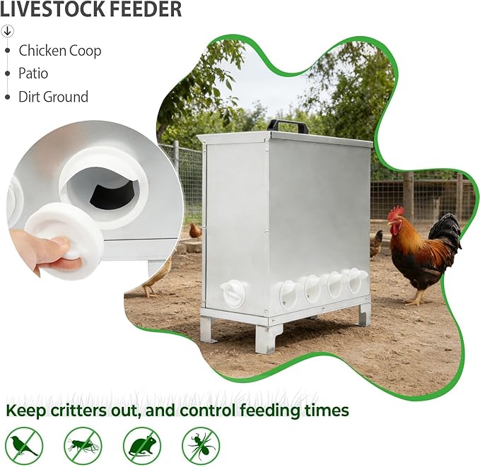 Automatic Metal Chicken Feeder 150LBS Large Capacity Weatherproof Animal-Proof Poultry Feeder No Waste 10-Port for Chickens Geese Ducks Turkeys Quails Steel Plastic Silvery Galvanized