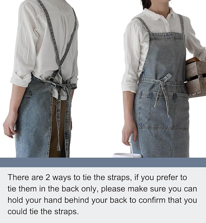 Adjustable Bib Apron with Large Pockets, Cotton Denim Gardening Apron Cross Back Work Jean Apron for Women Men(Style A, Deep Blue)