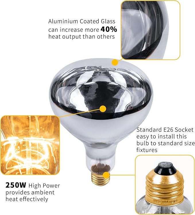 250 Watt Heat Lamp Bulbs, Clear Incandescent Heating Outdoor Light Bulb for Bathroom, Chickens, Chicks, Ceiling, Reptile, Food, Plants, Medium E26 Base - 2 Pack