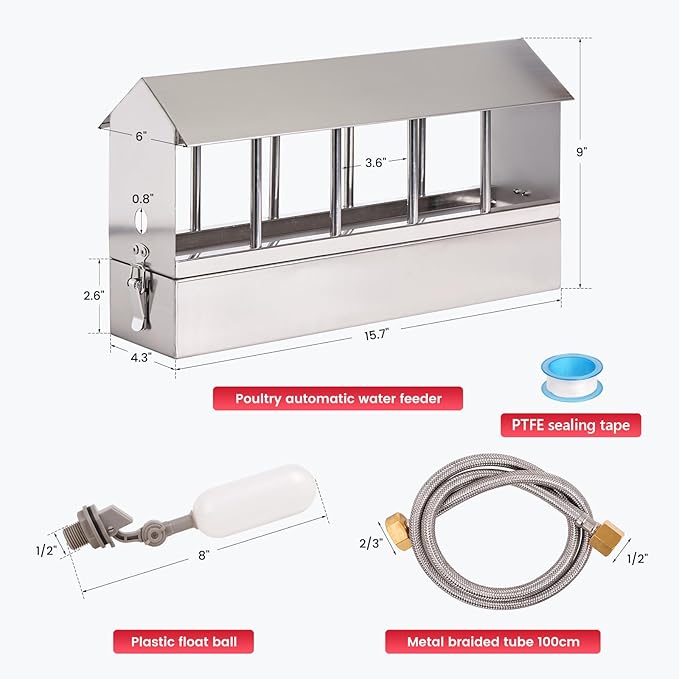Automatic Chicken Waterer Stainless Steel Chicken Water Feeder Pigeon Water Dispenser with Float Valve Automatic Filling Water Poultry Waterer Fountain for Duck Goose Pigeon Quail